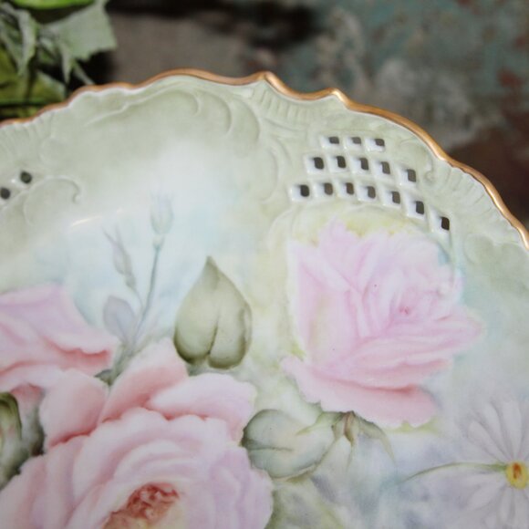 VTG Shabby Chic French Gold Trimmed Pink Floral Cake Plate Pastry Stand Riser - Picture 5 of 8